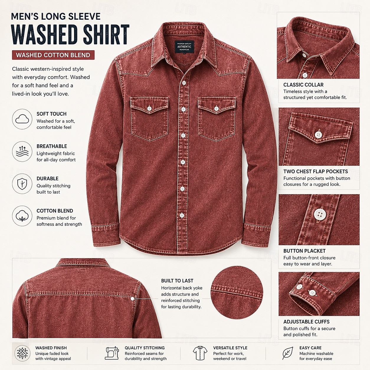 SoftFade&trade; Men Shirt Casual Shirt Work Shirt Western Shirt Button Up Shirt Garment Dyed Blue Black Red Green Long Sleeve Plain Shirt Collar Casual Daily Front Pocket Clothing Apparel Cotton 2026 - $32.99 &ndash;P4