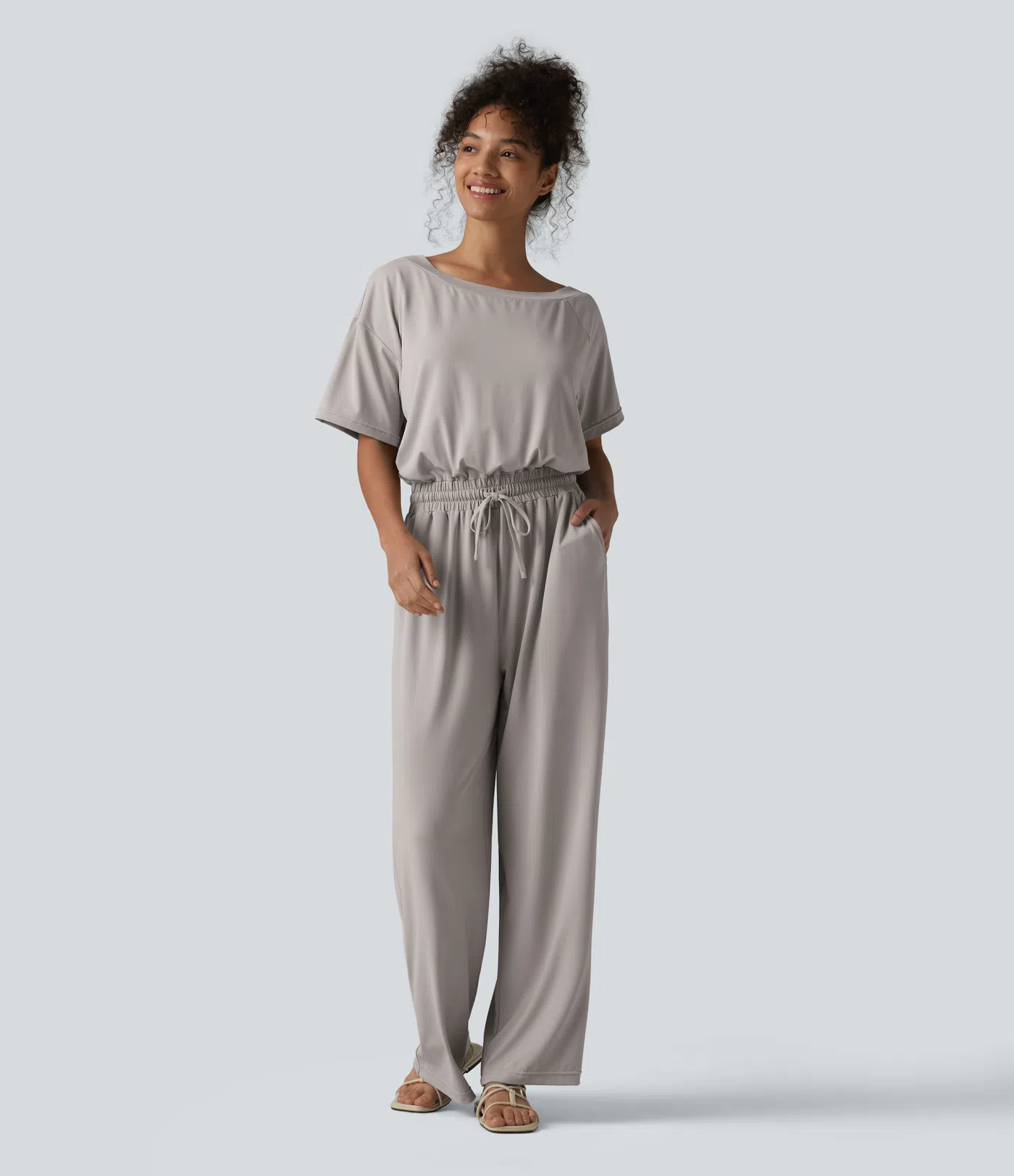 Boat Neck Short Sleeve Drawstring Baggy Casual Jumpsuit with Pockets-Easy Peezy Edition
