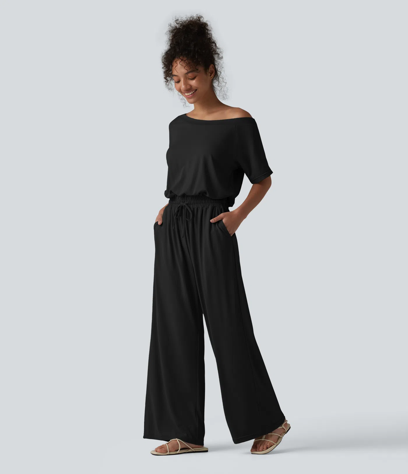 Boat Neck Short Sleeve Drawstring Baggy Casual Jumpsuit with Pockets-Easy Peezy Edition
