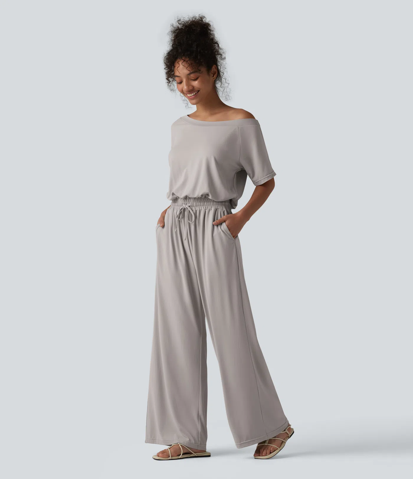 Boat Neck Short Sleeve Drawstring Baggy Casual Jumpsuit with Pockets-Easy Peezy Edition