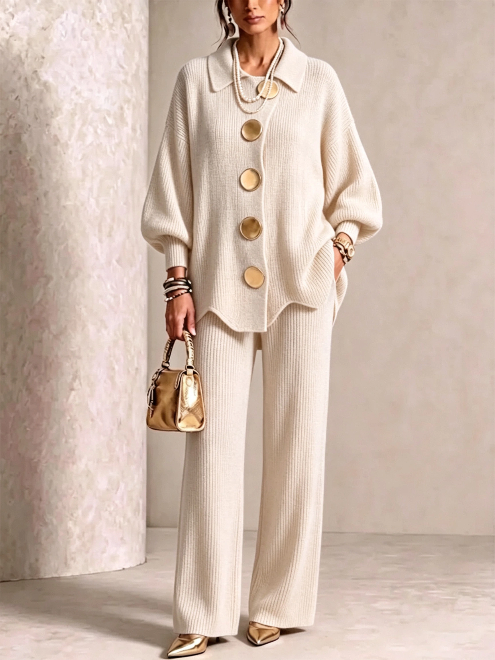 Elegant Knit Cardigan Wide‑Leg Pant Two‑Piece Outfit