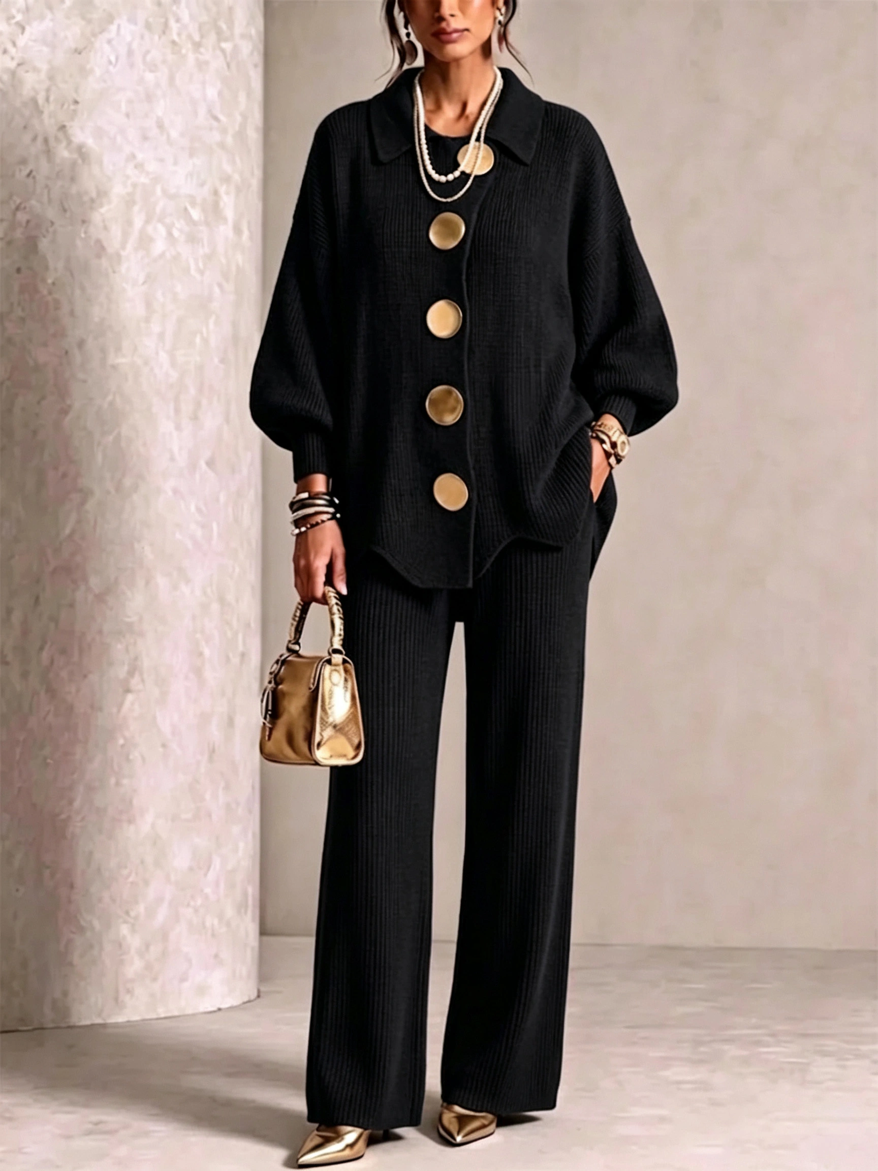 Elegant Knit Cardigan Wide‑Leg Pant Two‑Piece Outfit