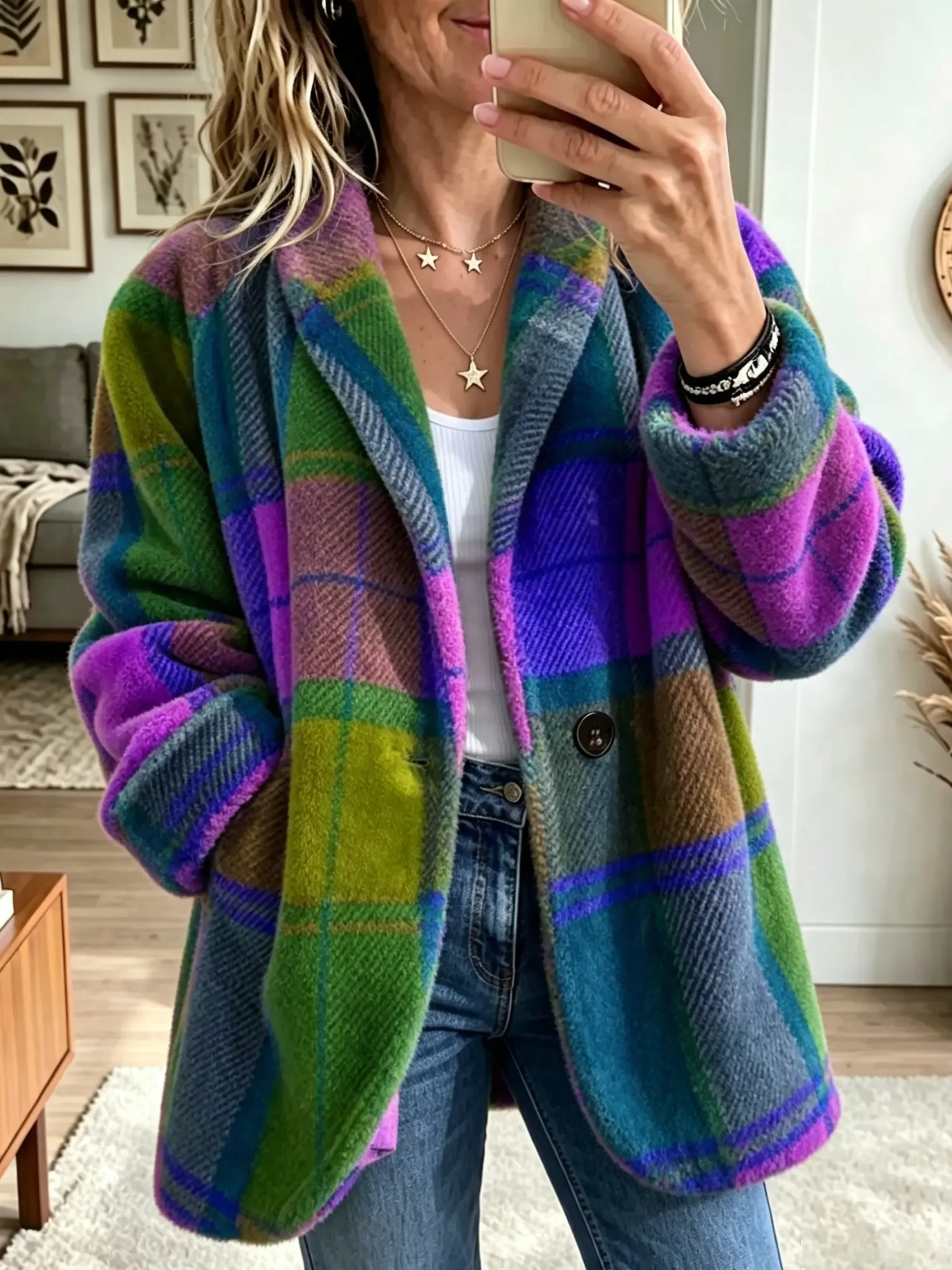 Vibrant Plaid Fuzzy Fleece Jacket