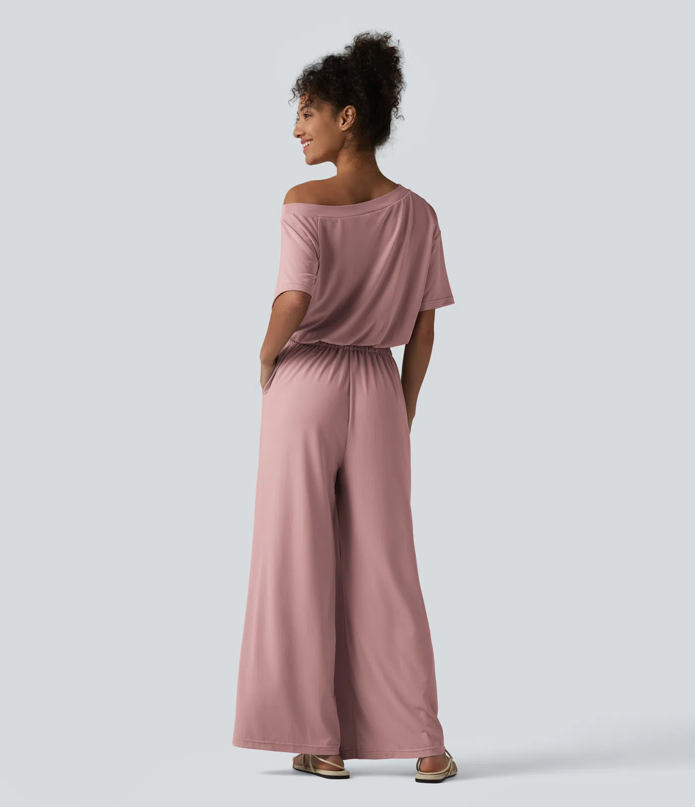 Boat Neck Short Sleeve Drawstring Baggy Casual Jumpsuit with Pockets-Easy Peezy Edition