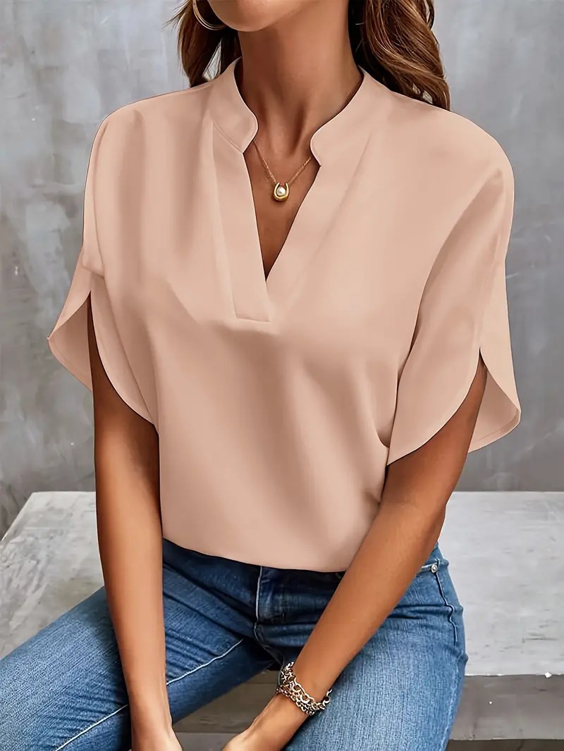 Women’s Lightweight V-Neck Blouse – Relaxed Short Sleeve Elegant Top