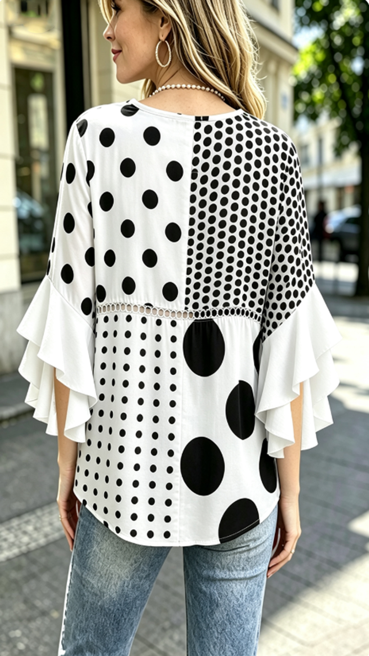 Mixed Polka Dot Print Ruffle Sleeve Hollow Out Top