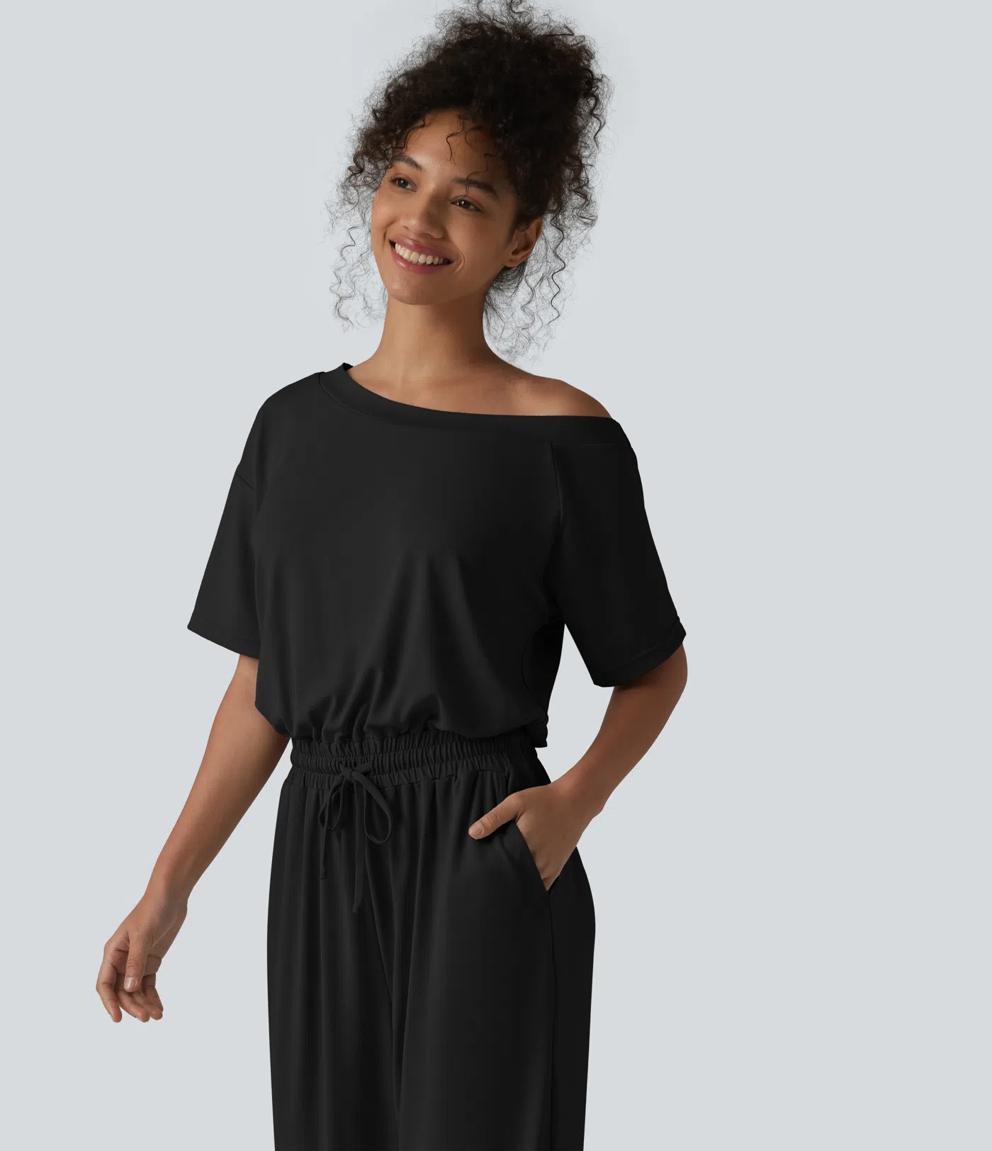 Boat Neck Short Sleeve Drawstring Baggy Casual Jumpsuit with Pockets-Easy Peezy Edition