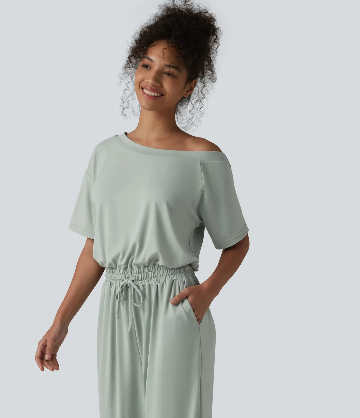 Boat Neck Short Sleeve Drawstring Baggy Casual Jumpsuit with Pockets-Easy Peezy Edition