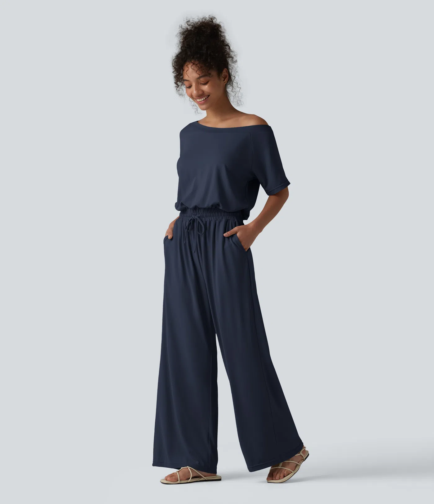 Boat Neck Short Sleeve Drawstring Baggy Casual Jumpsuit with Pockets-Easy Peezy Edition