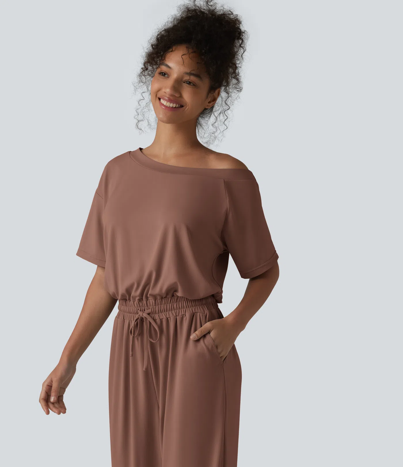 Boat Neck Short Sleeve Drawstring Baggy Casual Jumpsuit with Pockets-Easy Peezy Edition