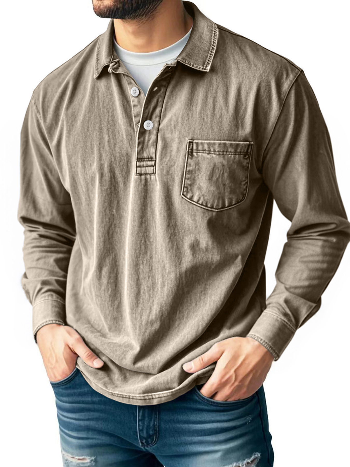 Men's Casual Washed Cotton-Linen Polo Shirt