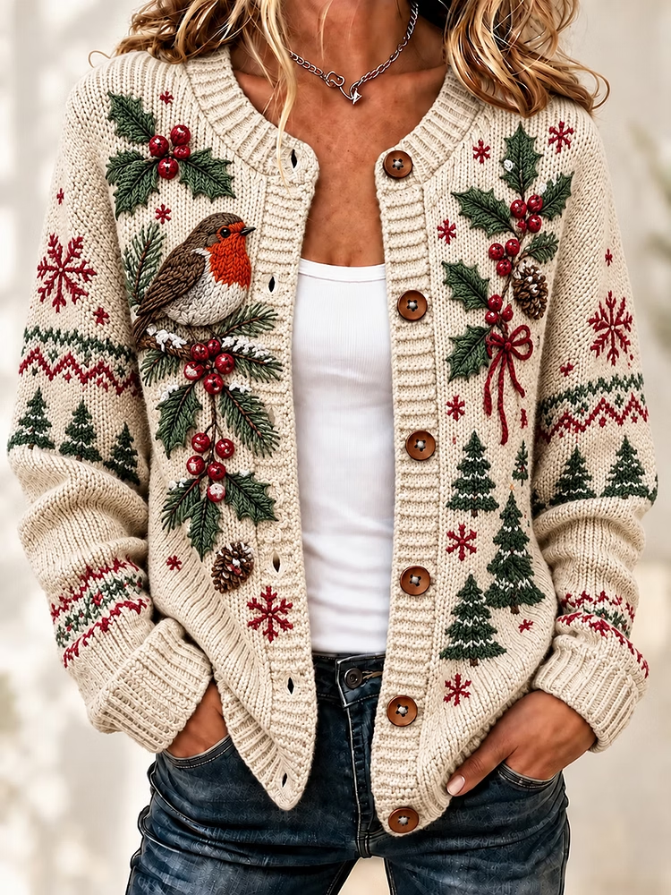 Women's Christmas Animal Retro Art Print Knitted Casual Sweater