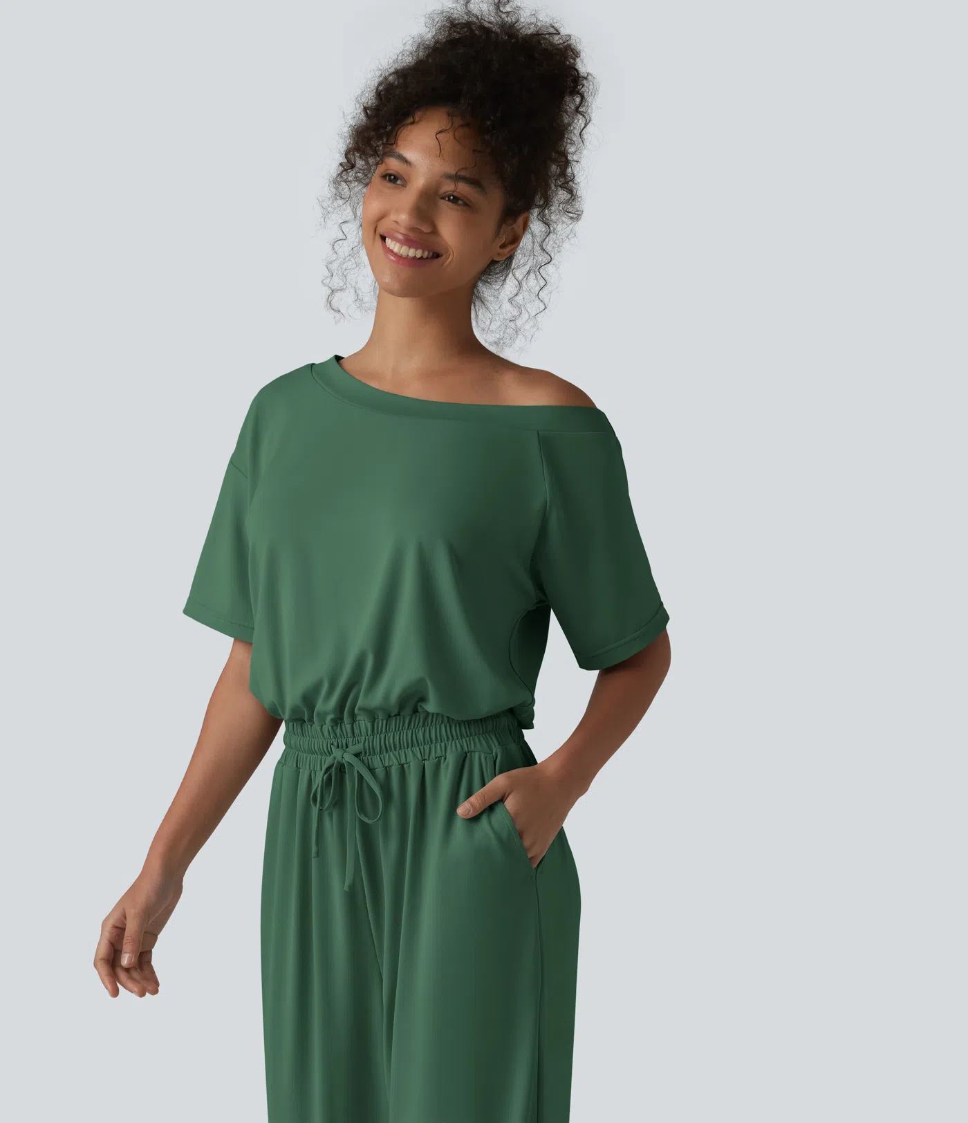 Boat Neck Short Sleeve Drawstring Baggy Casual Jumpsuit with Pockets-Easy Peezy Edition