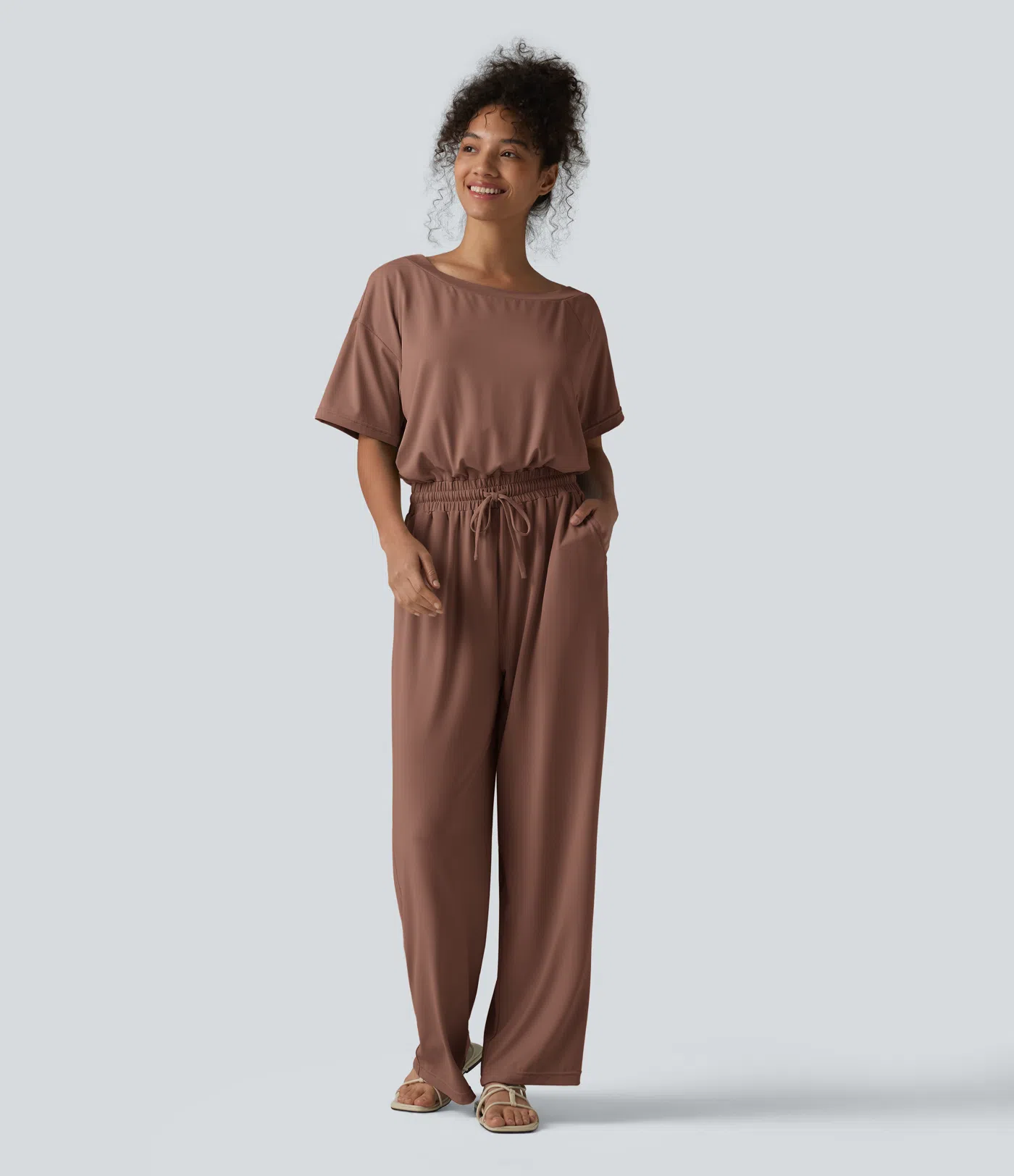 Boat Neck Short Sleeve Drawstring Baggy Casual Jumpsuit with Pockets-Easy Peezy Edition