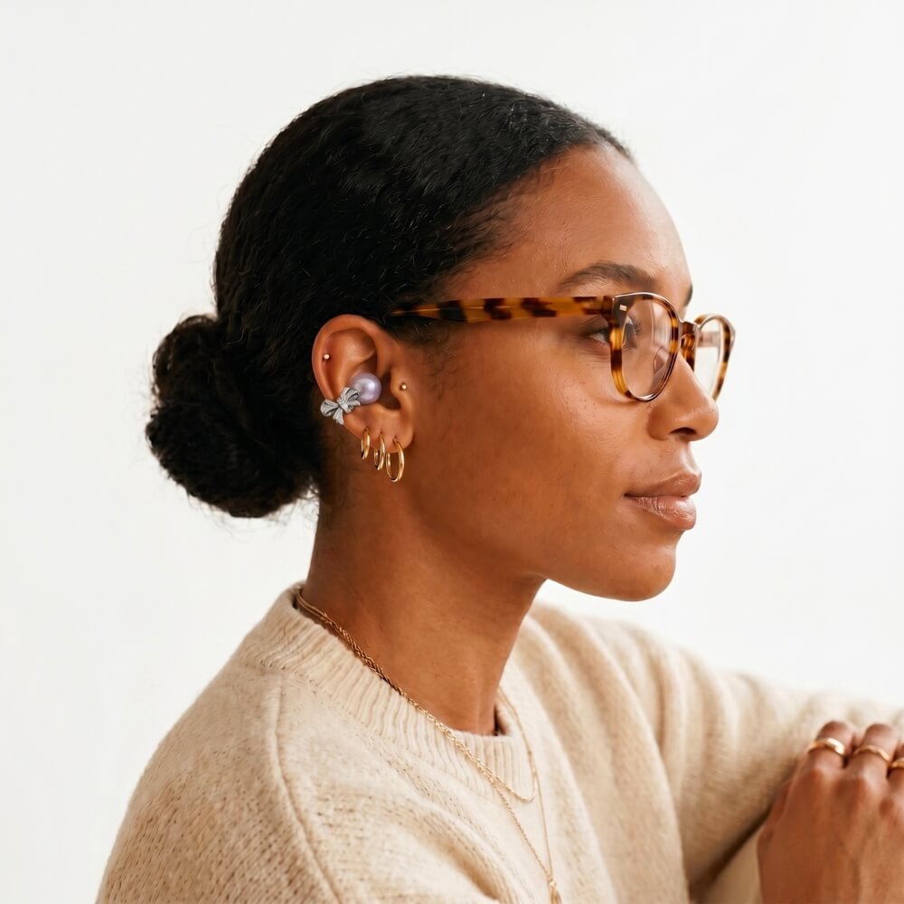 Adorn worn with glasses and stacked piercings