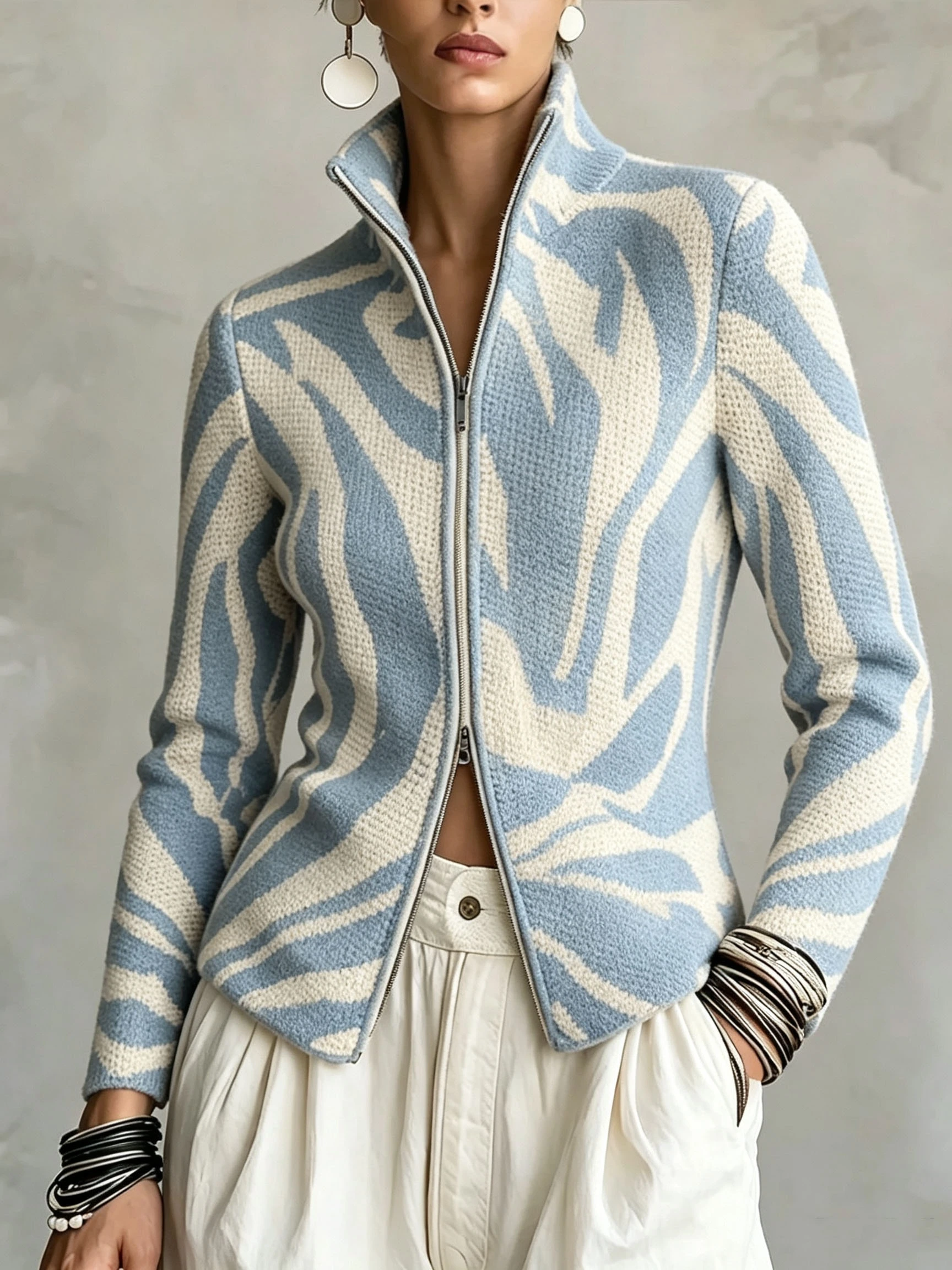 Abstract Swirl Print Zip‑Up Knit Jacket