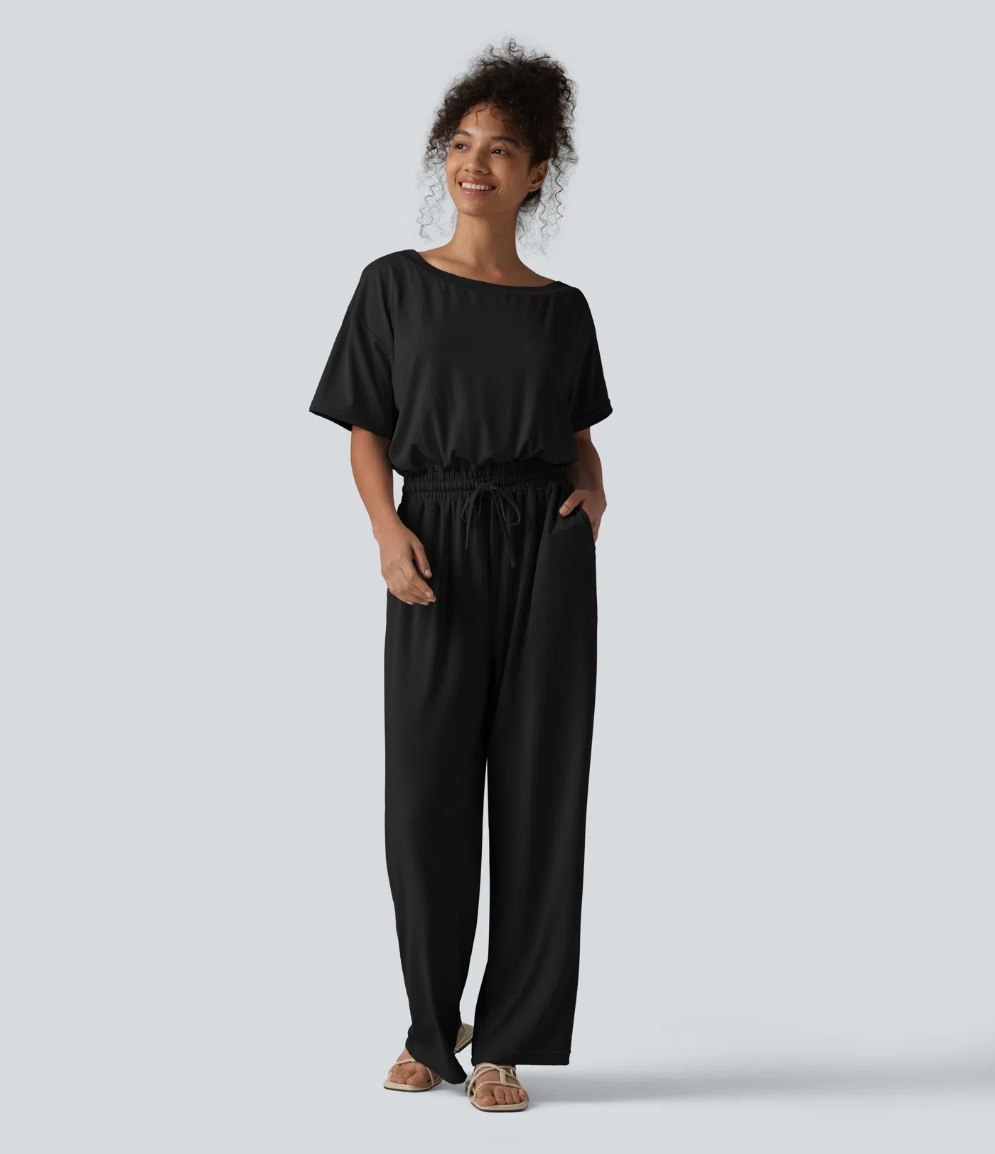 Boat Neck Short Sleeve Drawstring Baggy Casual Jumpsuit with Pockets-Easy Peezy Edition