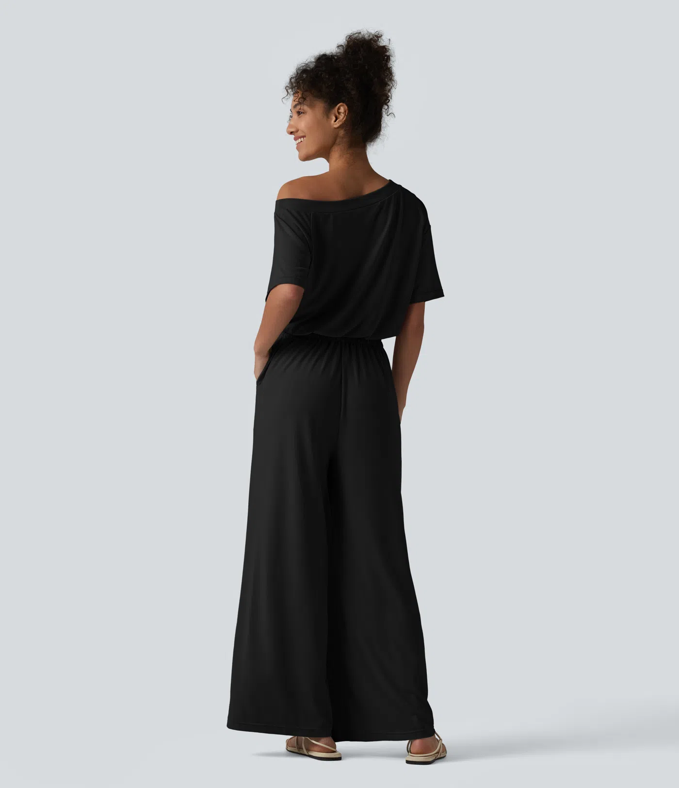 Boat Neck Short Sleeve Drawstring Baggy Casual Jumpsuit with Pockets-Easy Peezy Edition