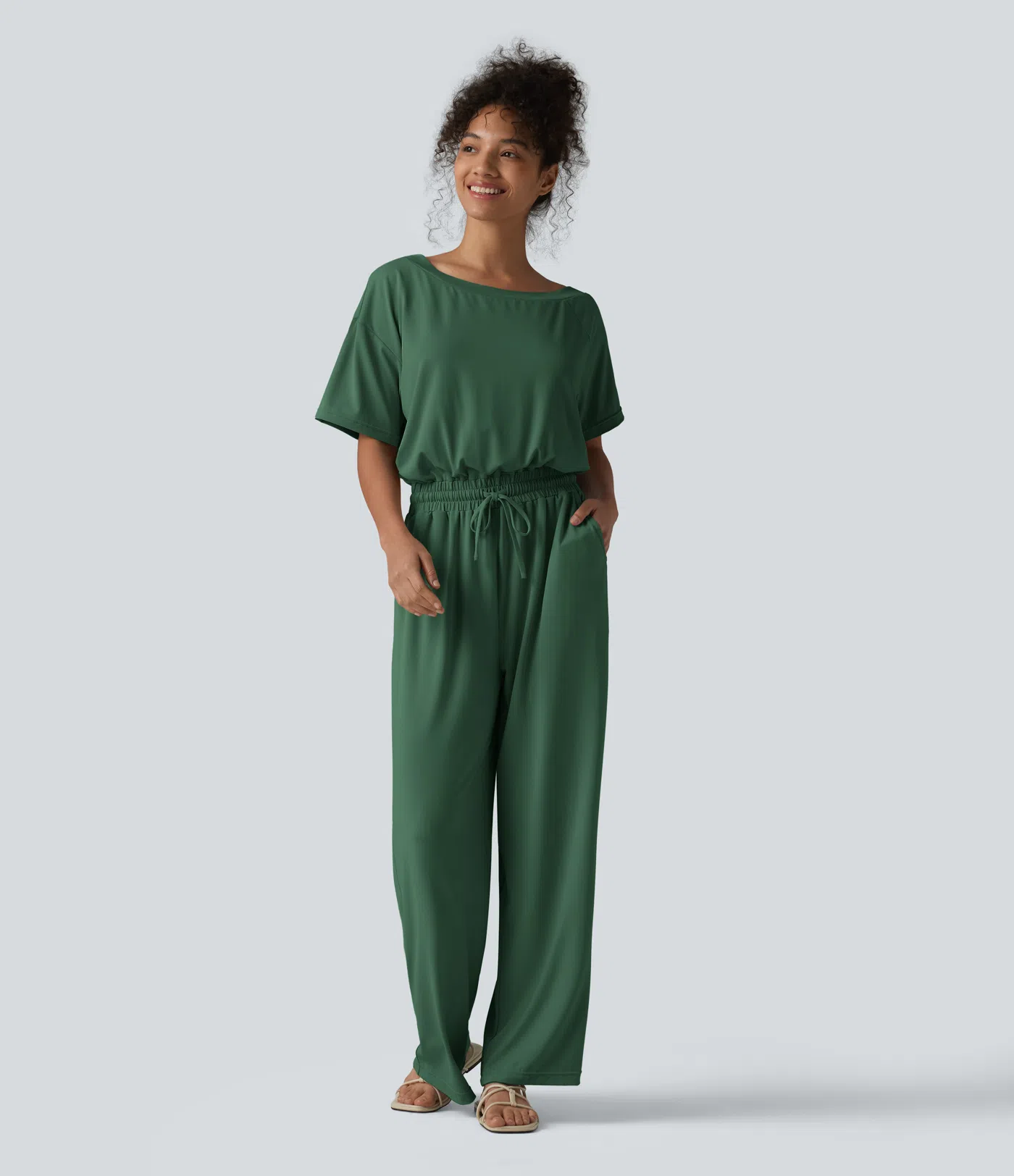 Boat Neck Short Sleeve Drawstring Baggy Casual Jumpsuit with Pockets-Easy Peezy Edition