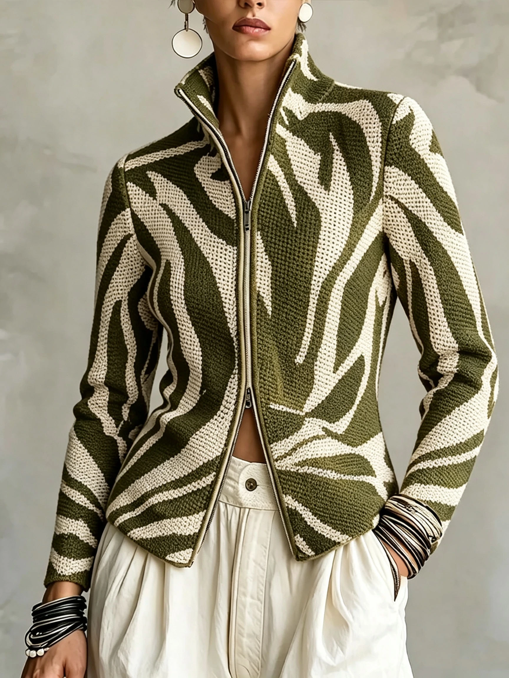 Abstract Swirl Print Zip‑Up Knit Jacket