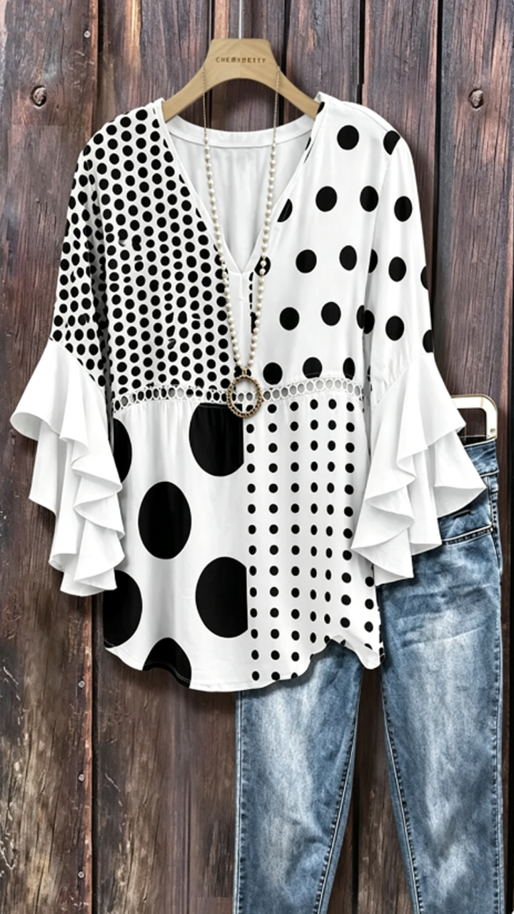 Mixed Polka Dot Print Ruffle Sleeve Hollow Out Top