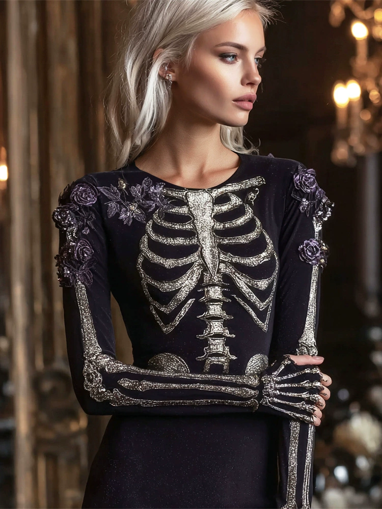 Halloween New Women's V-neck Dress Bohemian Resort Style V-neck Long Sleeve Dress