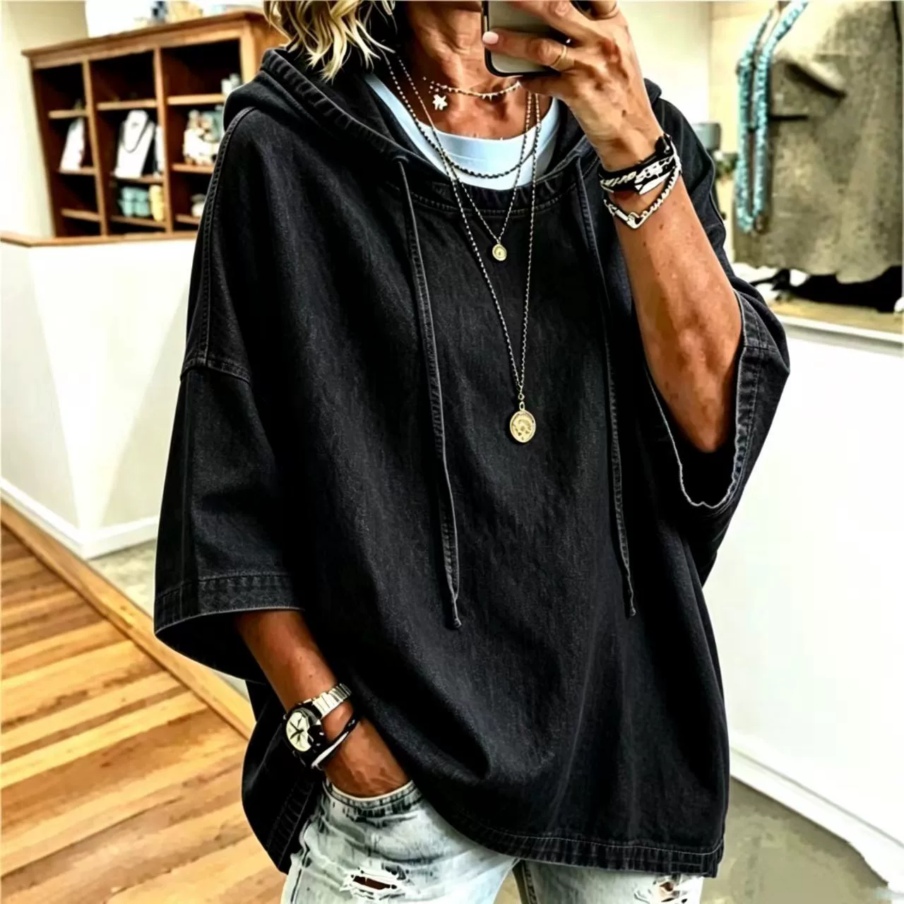 🍂 Women's Casual Loose Denim Hoodie – Relaxed Comfort & Effortless Autumn Style