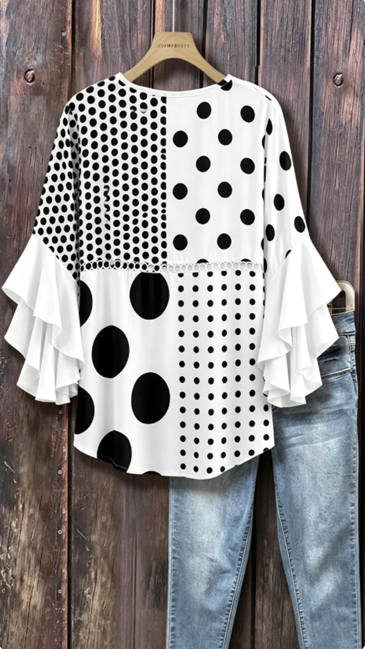 Mixed Polka Dot Print Ruffle Sleeve Hollow Out Top