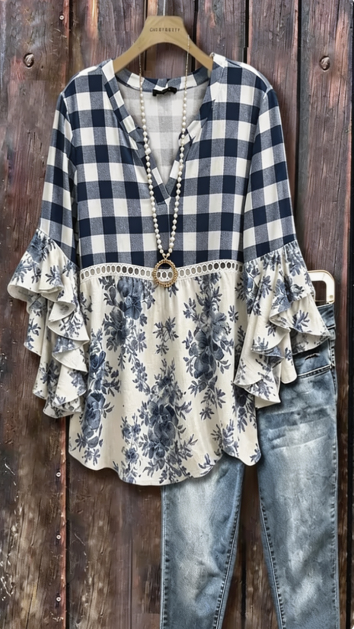 Mixed Plaid Floral Print Hollow Out Ruffle Sleeve Top