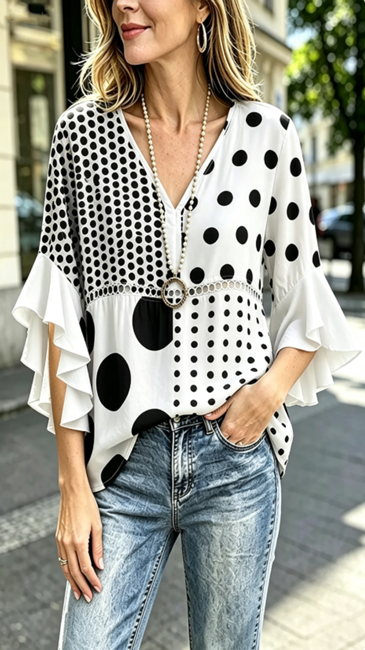 Mixed Polka Dot Print Ruffle Sleeve Hollow Out Top