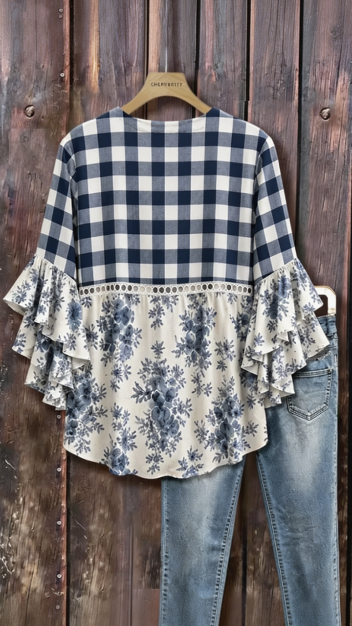 Mixed Plaid Floral Print Hollow Out Ruffle Sleeve Top