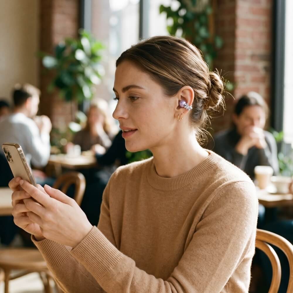 Woman wearing Adorn through her day