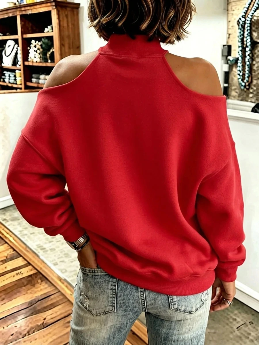 Chic Bow Accent Off‑Shoulder Mock Neck Sweatshirt