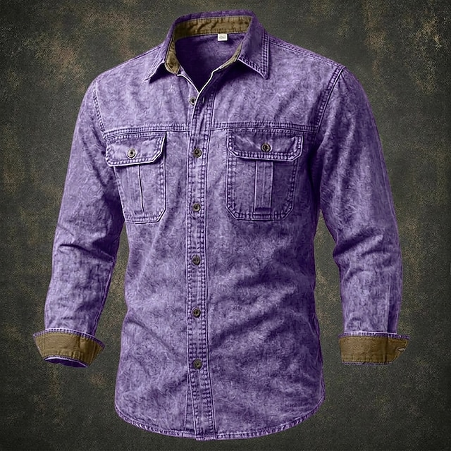 SoftFade™ Men Shirt Western Shirt Garment Dyed Acid Wash Shirt Blue Black Red Purple Green Long Sleeve Plain Shirt Collar Casual Daily Patchwork Clothing Apparel Elegant Fashion Casual