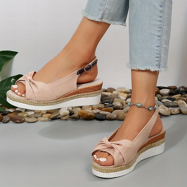 Women's Beige Slingback Espadrille Sandals with Bow Detail – Casual Summer Open-Toe Wedge Sandals