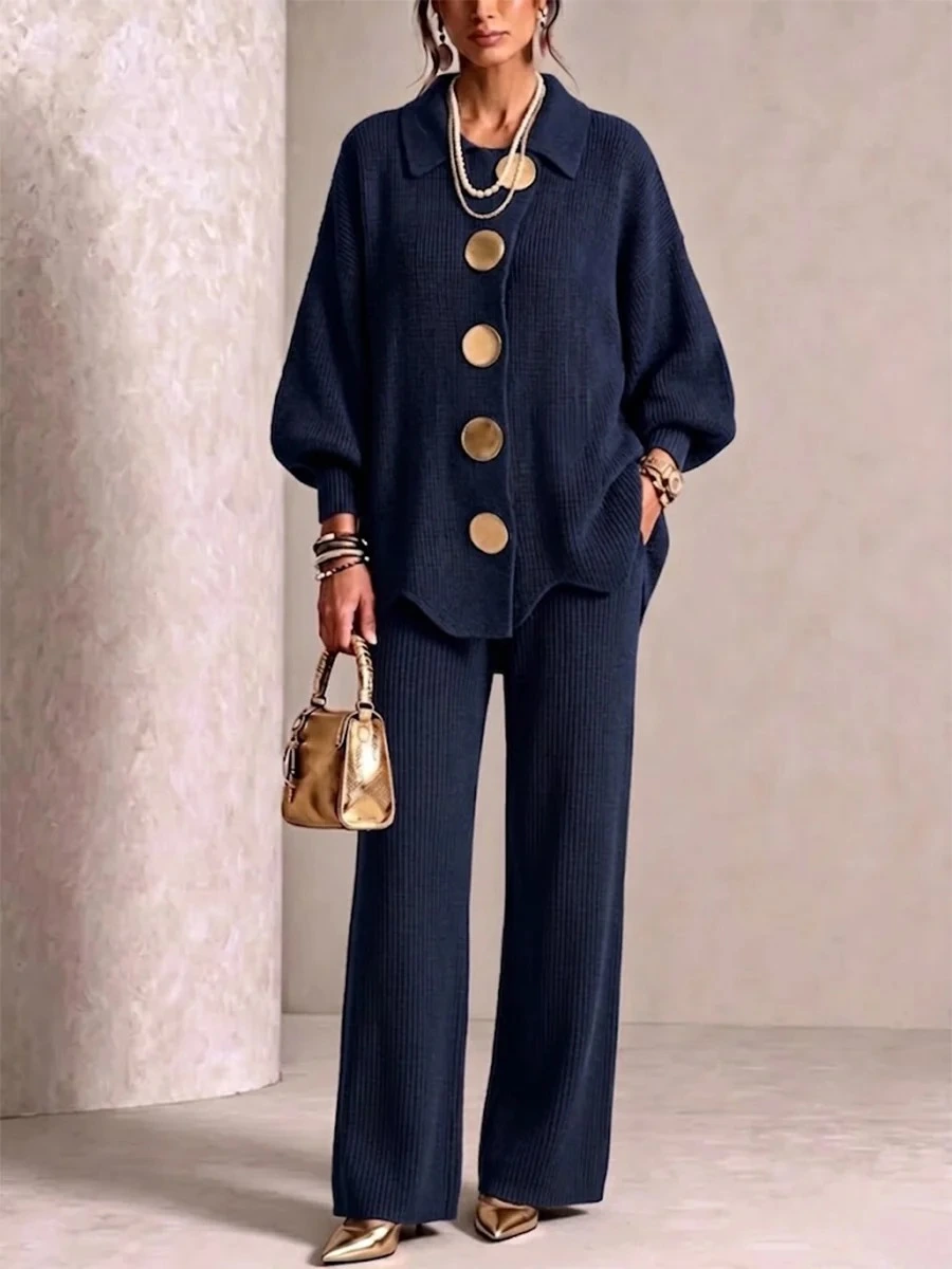 Elegant Knit Cardigan Wide‑Leg Pant Two‑Piece Outfit
