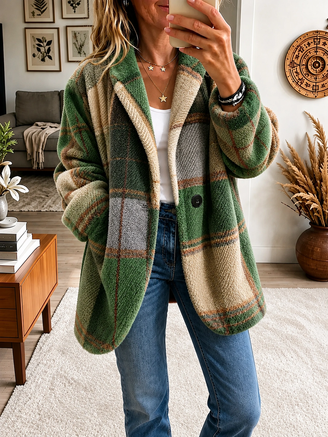 Vibrant Plaid Fuzzy Fleece Jacket