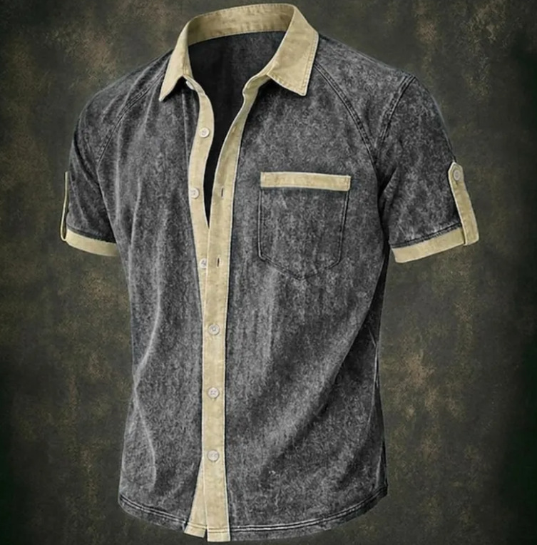 Men Shirt Casual Shirt Button Up Shirt 100% Cotton Acid Wash Shirt