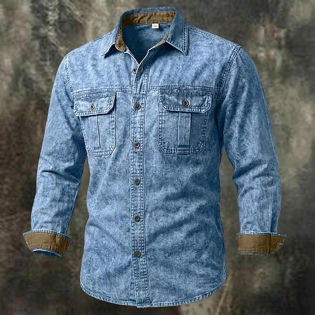 SoftFade™ Men Shirt Western Shirt Garment Dyed Acid Wash Shirt Blue Black Red Purple Green Long Sleeve Plain Shirt Collar Casual Daily Patchwork Clothing Apparel Elegant Fashion Casual