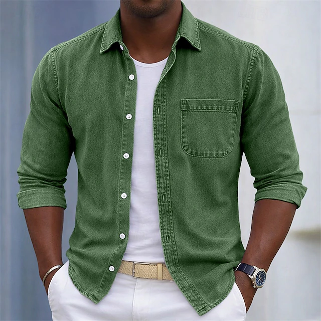 SoftFade™ Men's Shirt Casual Shirt Cotton Acid Wash Shirt Acid Wash Shirt Blue Black Light Green Burgundy Navy Blue Long Sleeve Plain Shirt Collar Casual Daily Front Pocket Clothing Apparel