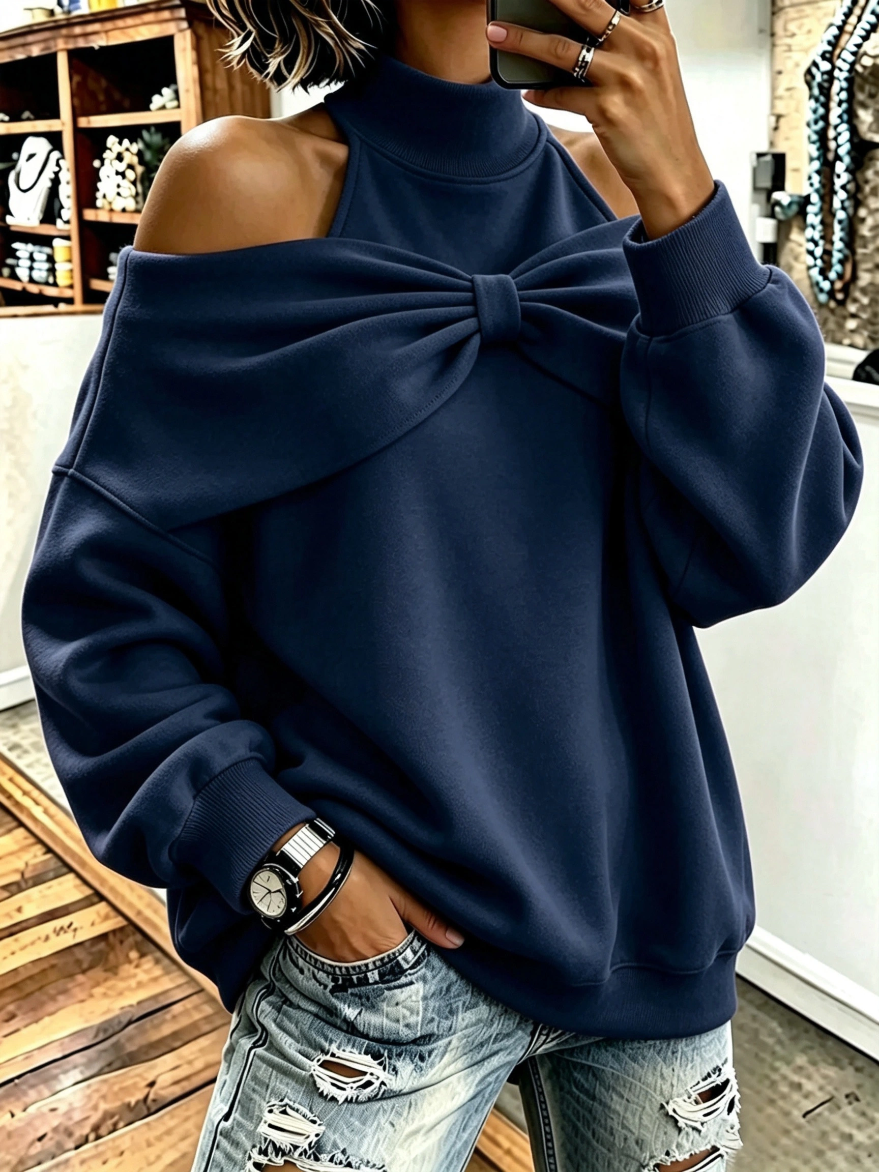 Chic Bow Accent Off‑Shoulder Mock Neck Sweatshirt