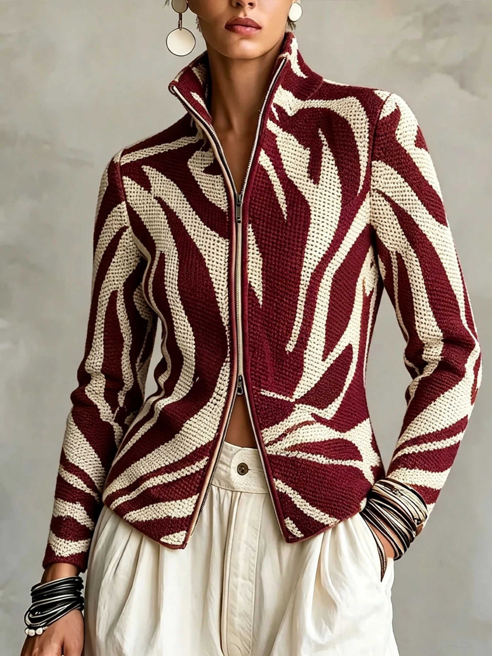 Abstract Swirl Print Zip‑Up Knit Jacket