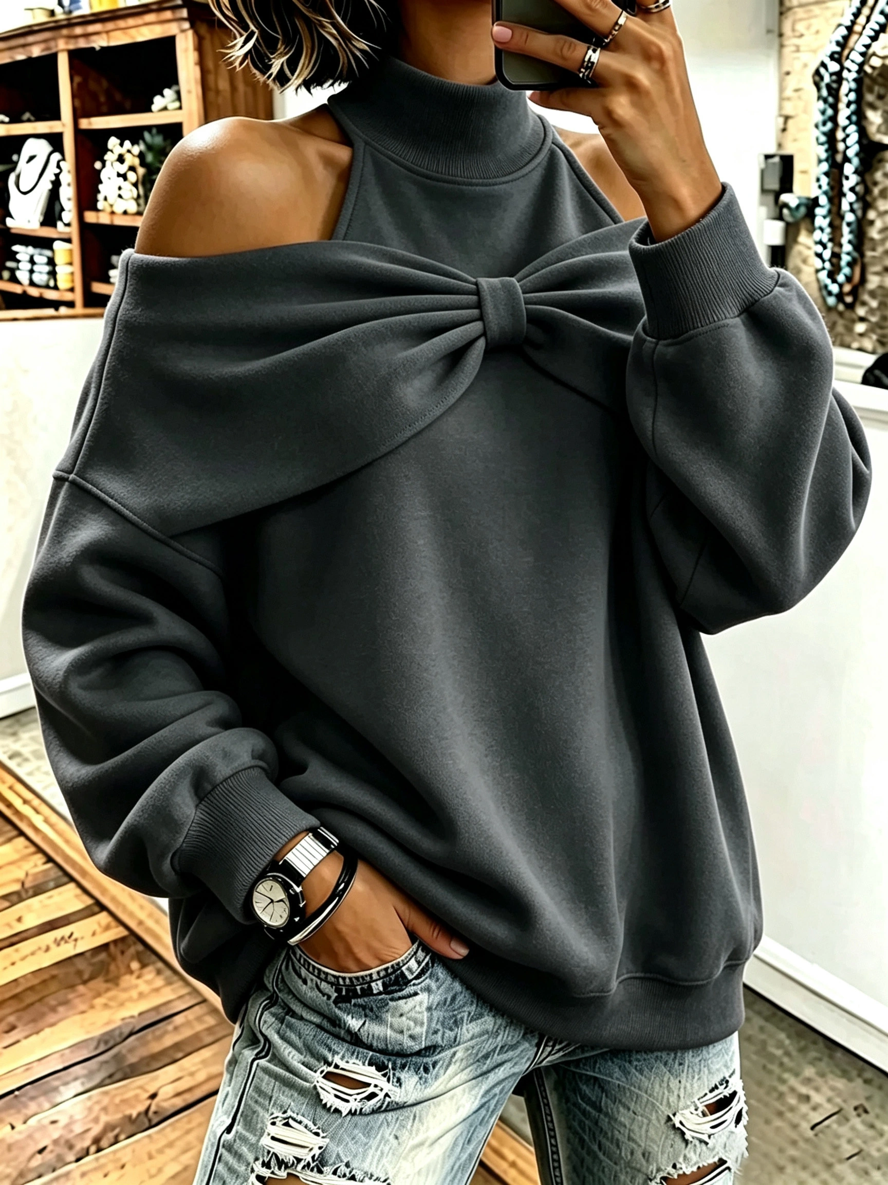 Chic Bow Accent Off‑Shoulder Mock Neck Sweatshirt