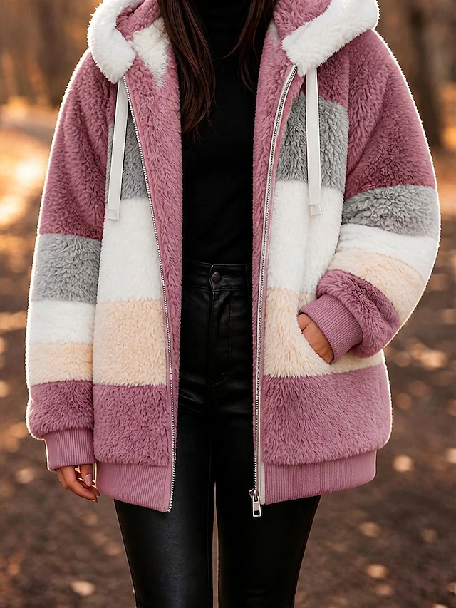 Women's Fleece Jacket Teddy Coat Hoodie Jacket Warm Breathable Zipper Pocket Fleece Lined Casual Stripe Vacation Street Daily Wear Going out Zipper