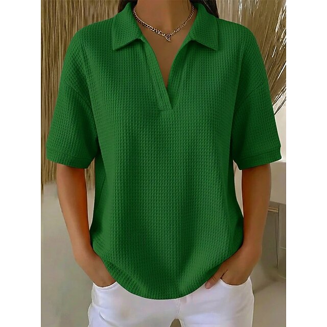 Multi Packs 2pcs Women's Waffle T-shirt Polo Shirts Tee Waffle Knit Tops Plain Fashion Basic Classic Short Sleeve Shirt Collar Regular Tops Casual Daily Beach Yellow+Orange