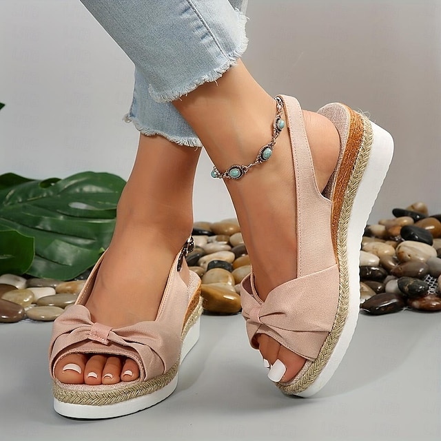 Women's Beige Slingback Espadrille Sandals with Bow Detail – Casual Summer Open-Toe Wedge Sandals