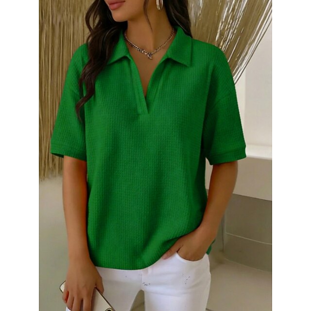 Multi Packs 2pcs Women's Waffle T-shirt Polo Shirts Tee Waffle Knit Tops Plain Fashion Basic Classic Short Sleeve Shirt Collar Regular Tops Casual Daily Beach Yellow+Orange