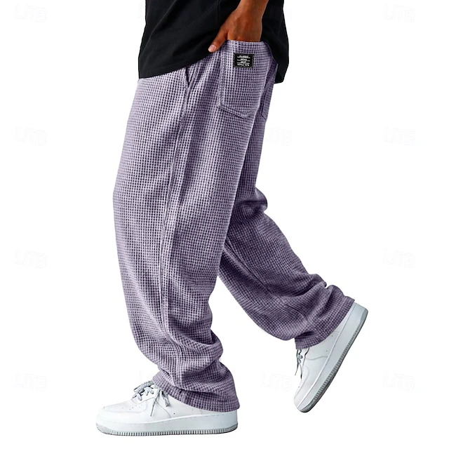 Men's Trousers Casual Pants Waffle Pants Drawstring Pocket Elastic Waist Plain Comfort Soft Casual Daily Outdoor Vacation Fashion Blue White Micro-elastic