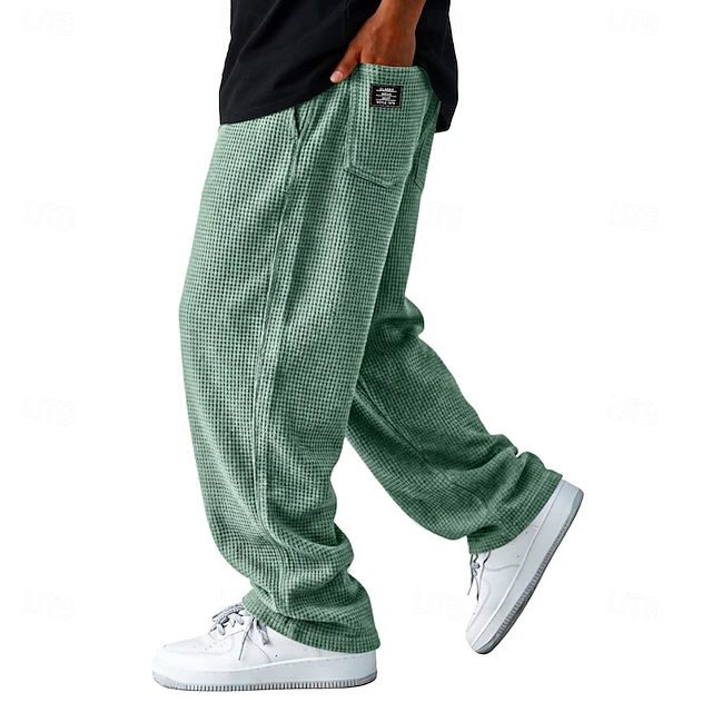Men's Trousers Casual Pants Waffle Pants Drawstring Pocket Elastic Waist Plain Comfort Soft Casual Daily Outdoor Vacation Fashion Blue White Micro-elastic