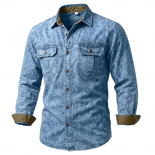 SoftFade™ Men Shirt Western Shirt Garment Dyed Acid Wash Shirt Blue Black Red Purple Green Long Sleeve Plain Shirt Collar Casual Daily Patchwork Clothing Apparel Elegant Fashion Casual